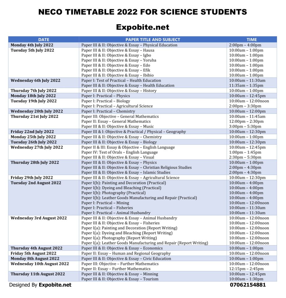 Neco Timetable 2022 for Science Student