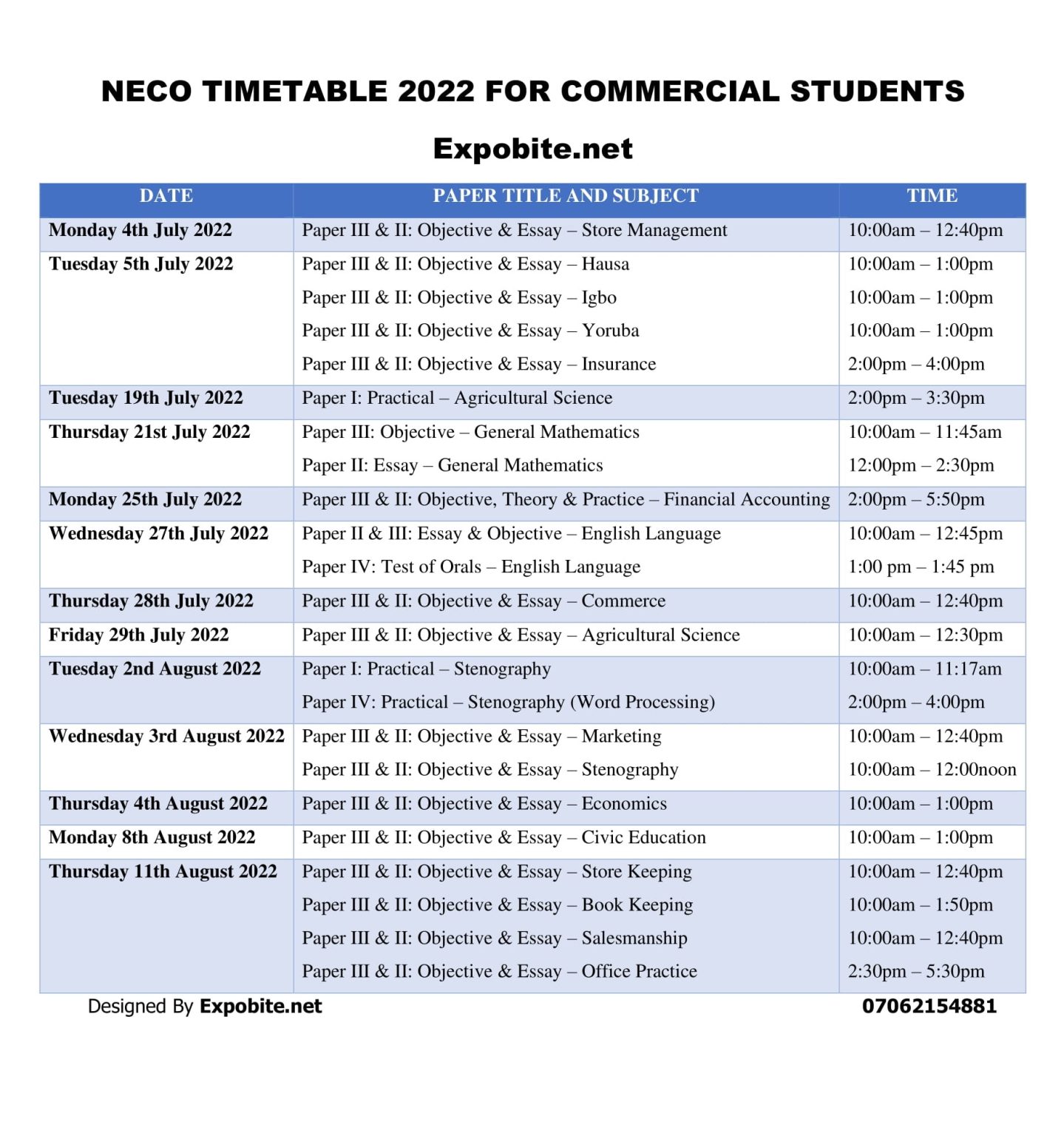 Neco Timetable 2023 for Commercial Students