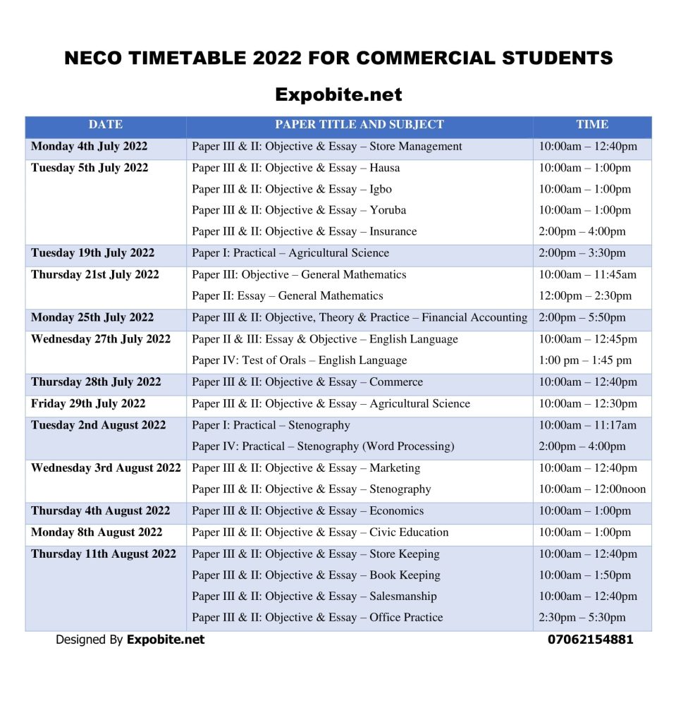 Neco Timetable 2022 for Commercial Students