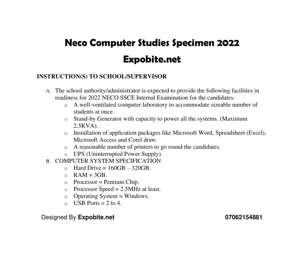 Neco Computer Studies Practical Specimen 2022