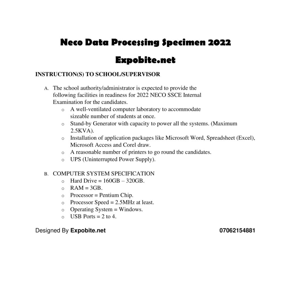 Neco Data Processing Practical Specimen 2022